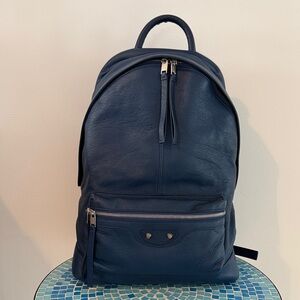 New Balenciaga Blue Lambskin Leather City Backpack